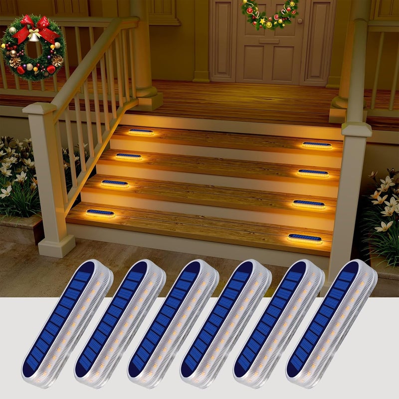 DetarZinLED أضواء سطح شمسية، عبوة 6 قطع أضواء LED مقاومة للماء، أضواء شمسية خارجية للدرجات، شريط ضوء يعمل بالطاقة الشمسية للسلالم، الممر، الطريق، الرصيف، الشرفة، أبيض دافئ - Image 1